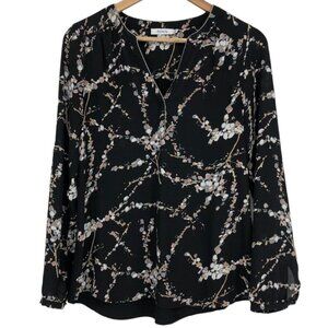 Ricki’s Black + Pale Pink floral petal print V-neck blouse roll-up long sleeve S